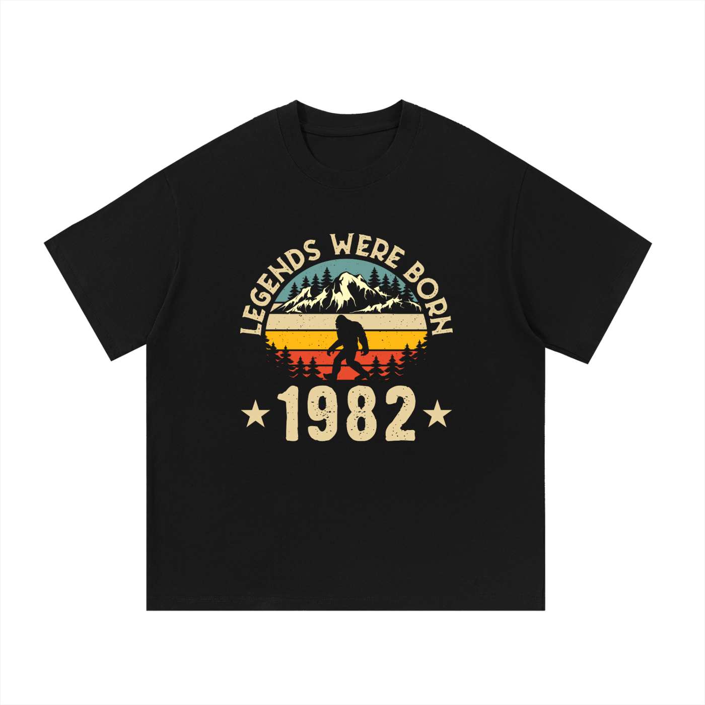 Legends Were Born 1982 Retro Birthday Tee in Black, flat lay.