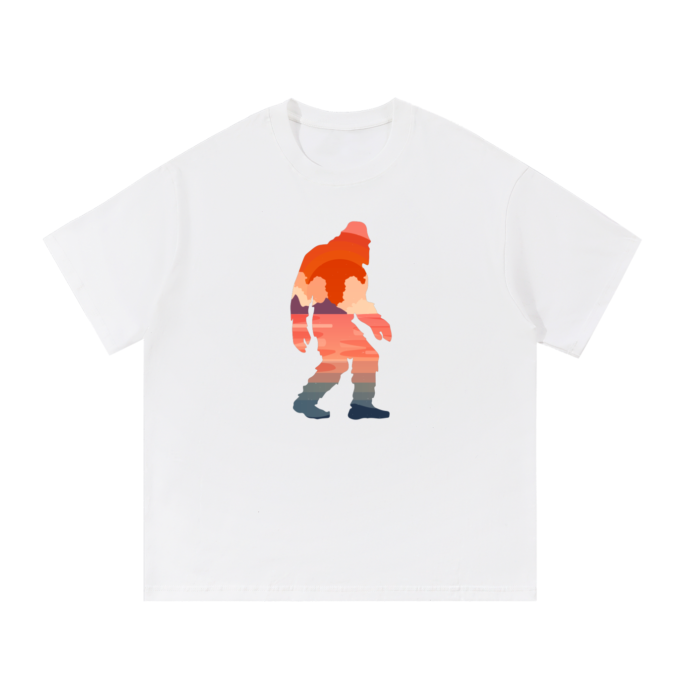Bigfoot Sunset Double Exposure Cotton Tee in White, flat lay.
