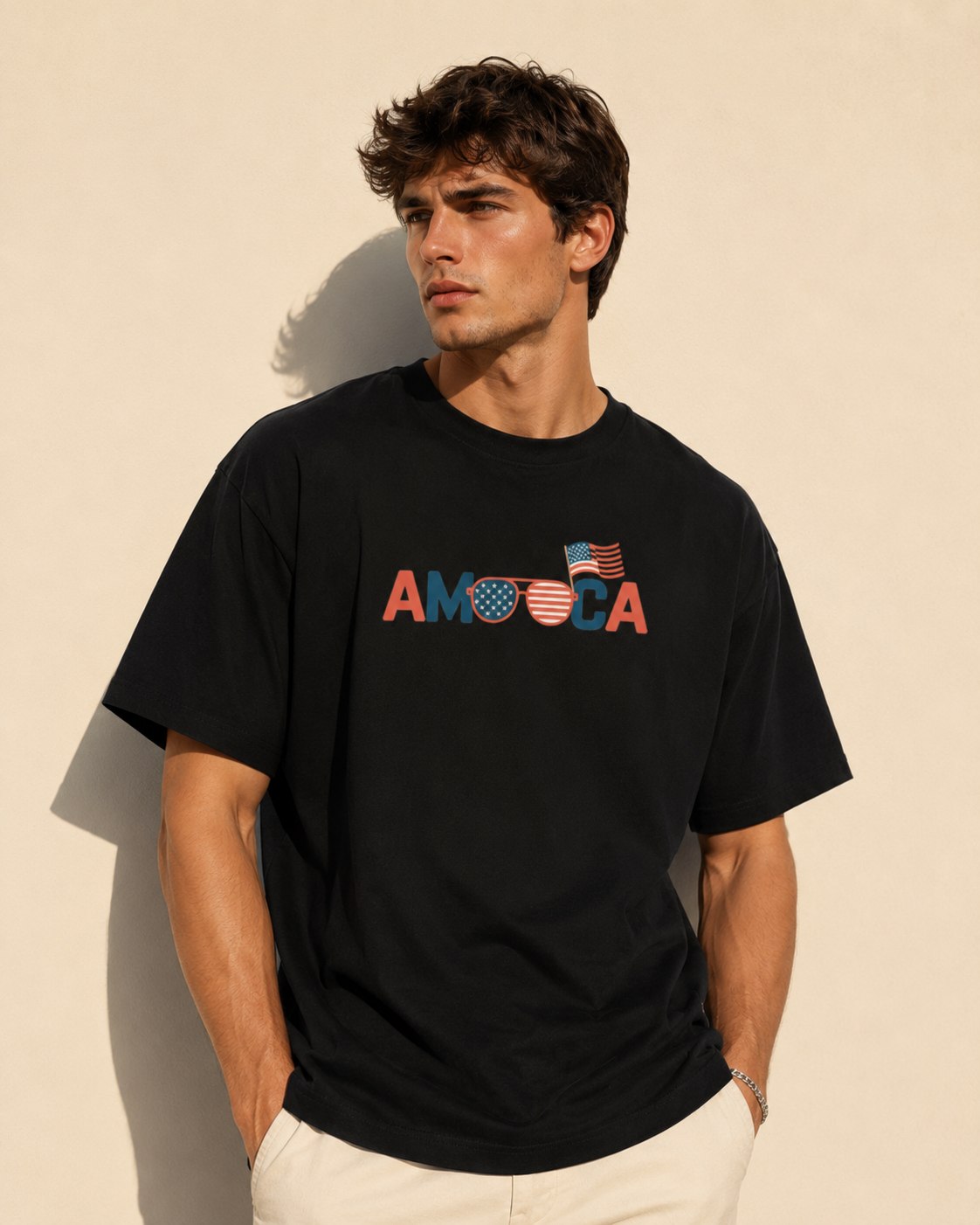America Flag Sunglasses Oversized Cotton Tee in Black, worn against a plain wall.