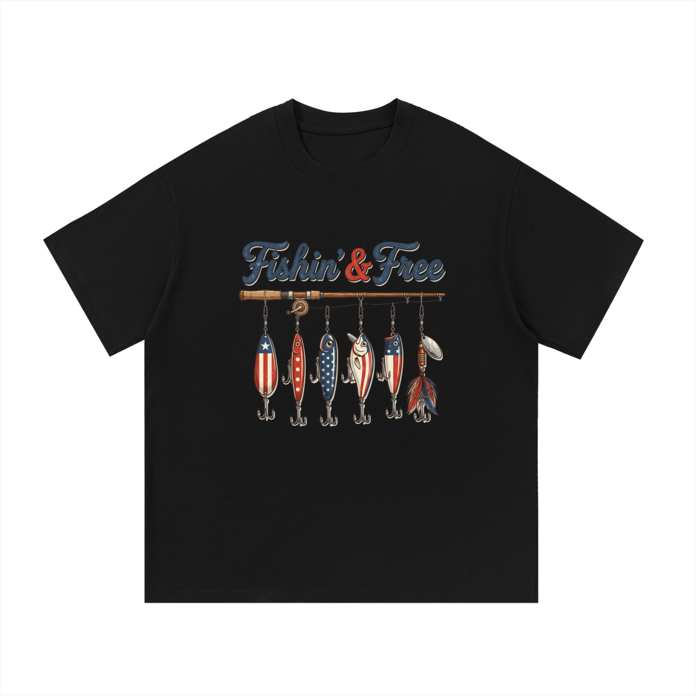 Fishin' And Free Patriotic Lure Cotton Tee in Black, flat lay.