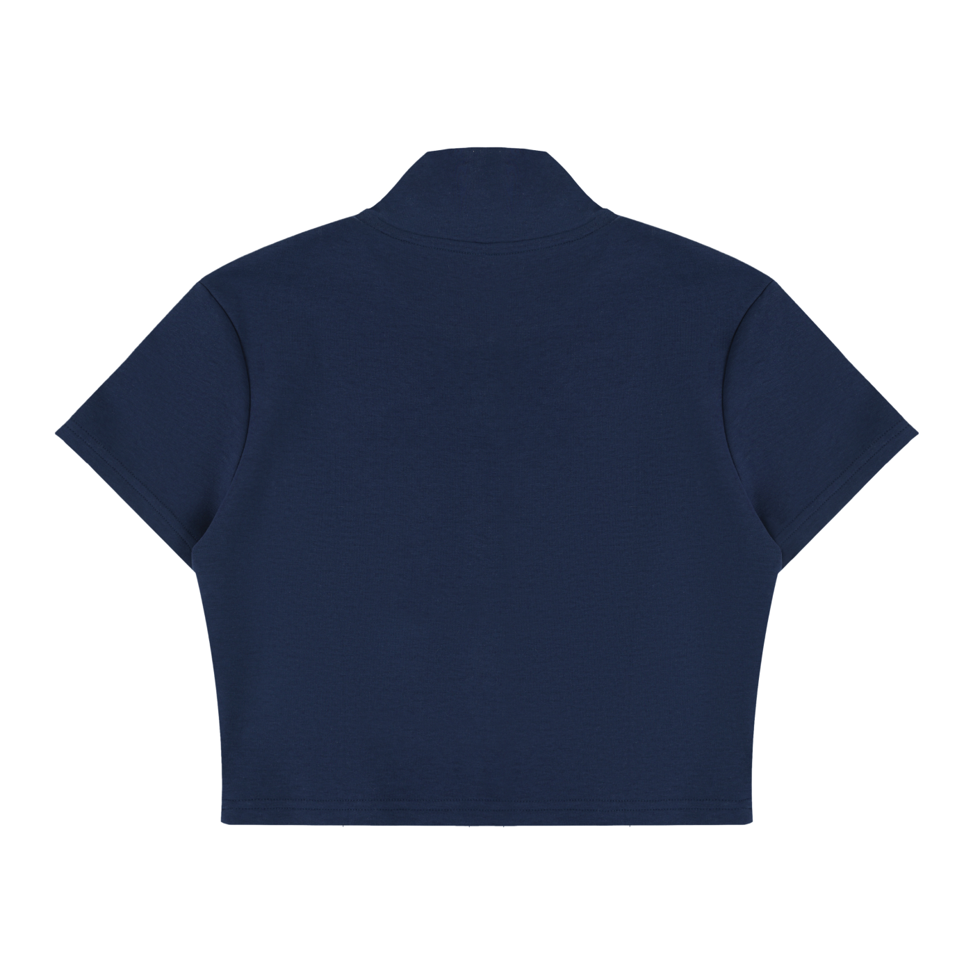 Wing Logo Cropped Full-Zip Short Sleeve Top in Navy Blue, back view.