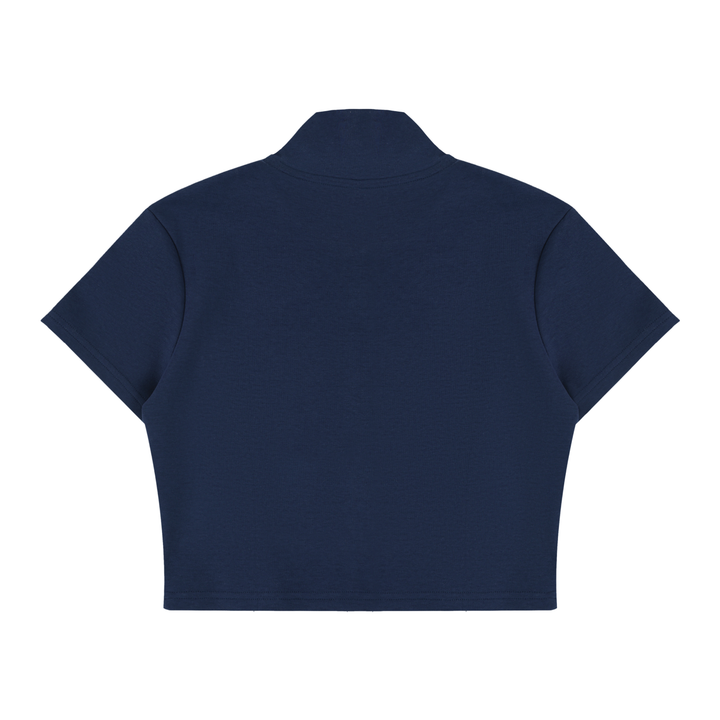 Wing Logo Cropped Full-Zip Short Sleeve Top in Navy Blue, back view.