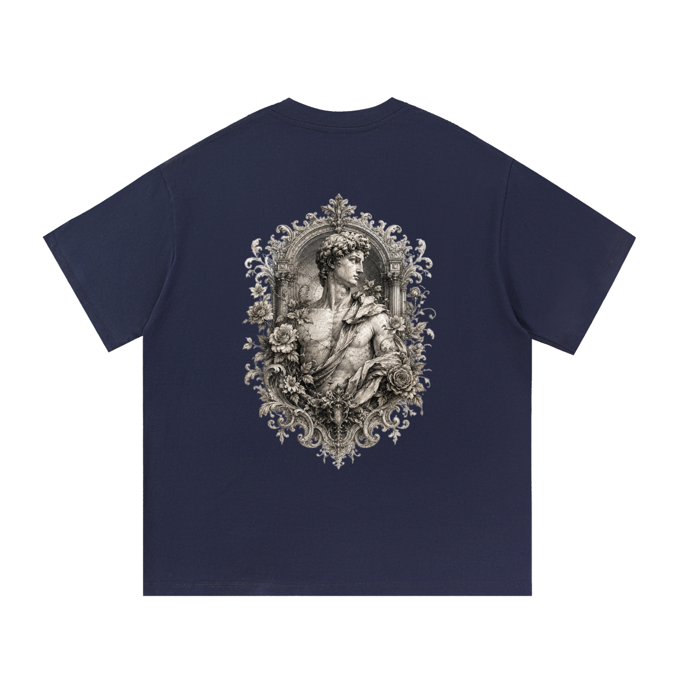 Baroque Statue Crest Left-Chest Cotton Tee in Navy Blue, back view.