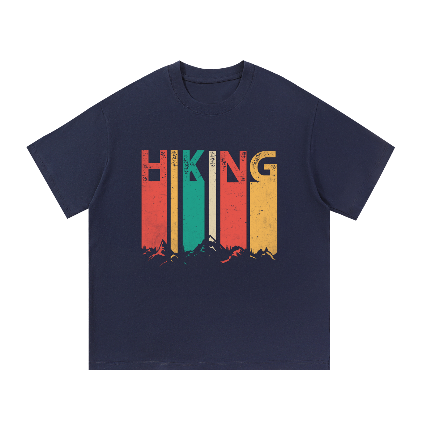 Hiking Retro Vintage Stripe Typography Tee in Navy Blue, flat lay.
