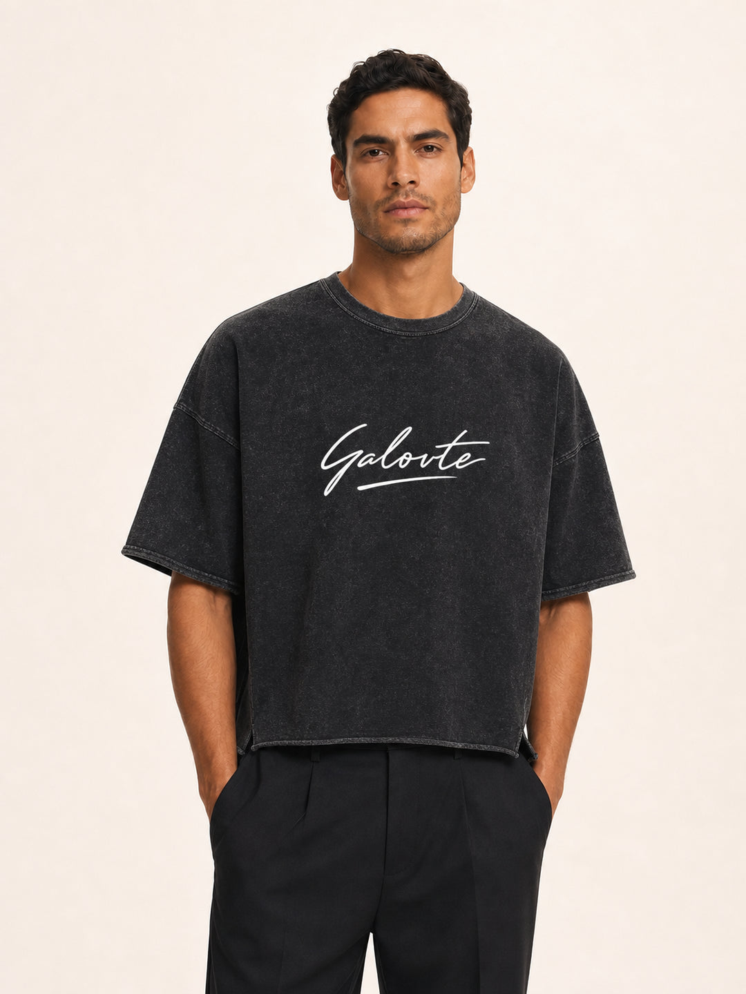 MEN T SHIRT Galovte Script Raw-Edge Snow-Washed Boxy Tee