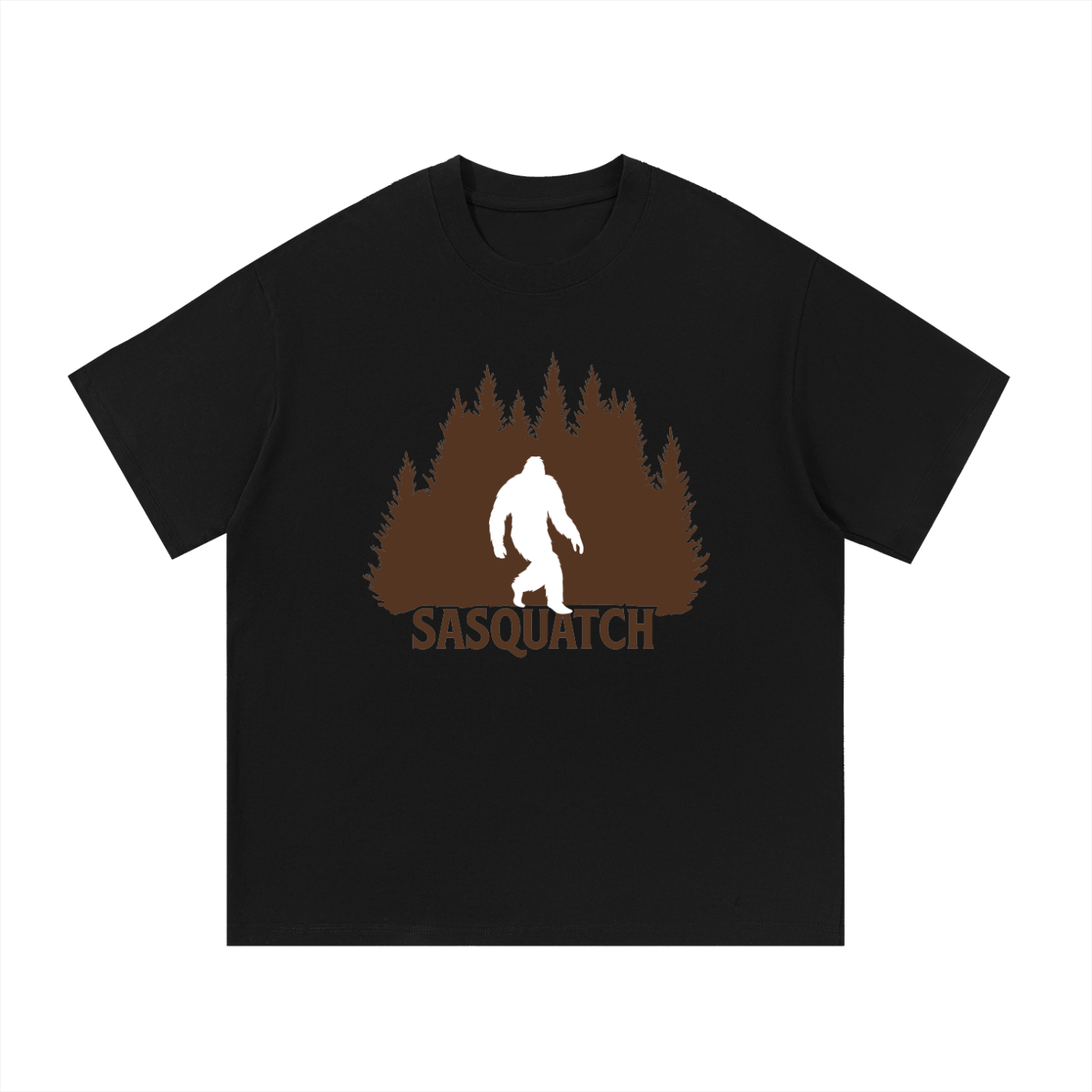Sasquatch Forest Silhouette Cotton Tee in Black, flat lay.