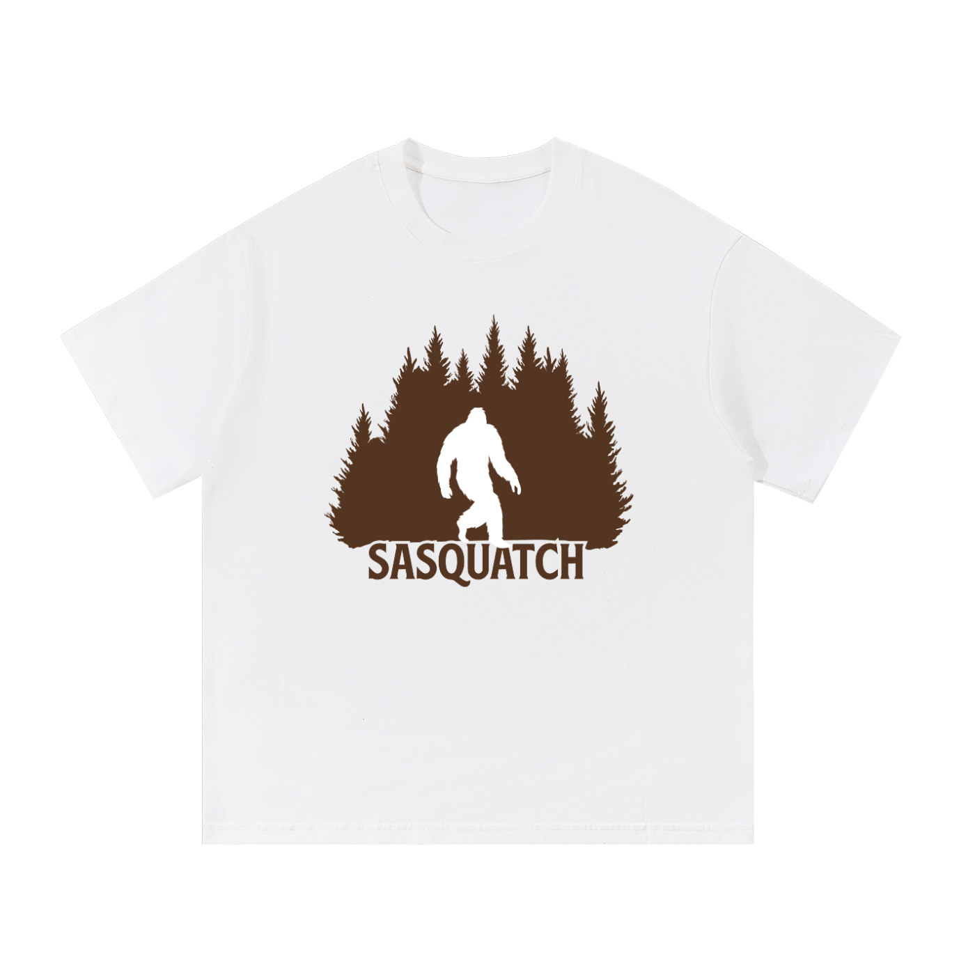 Sasquatch Forest Silhouette Cotton Tee in White, flat lay.