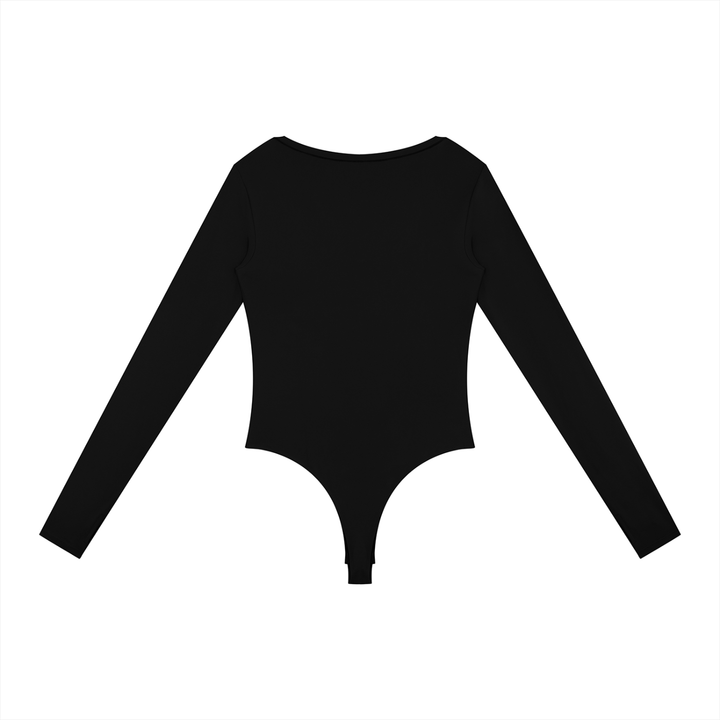Wing Logo Long Sleeve Yoga Bodysuit in Black, back view.