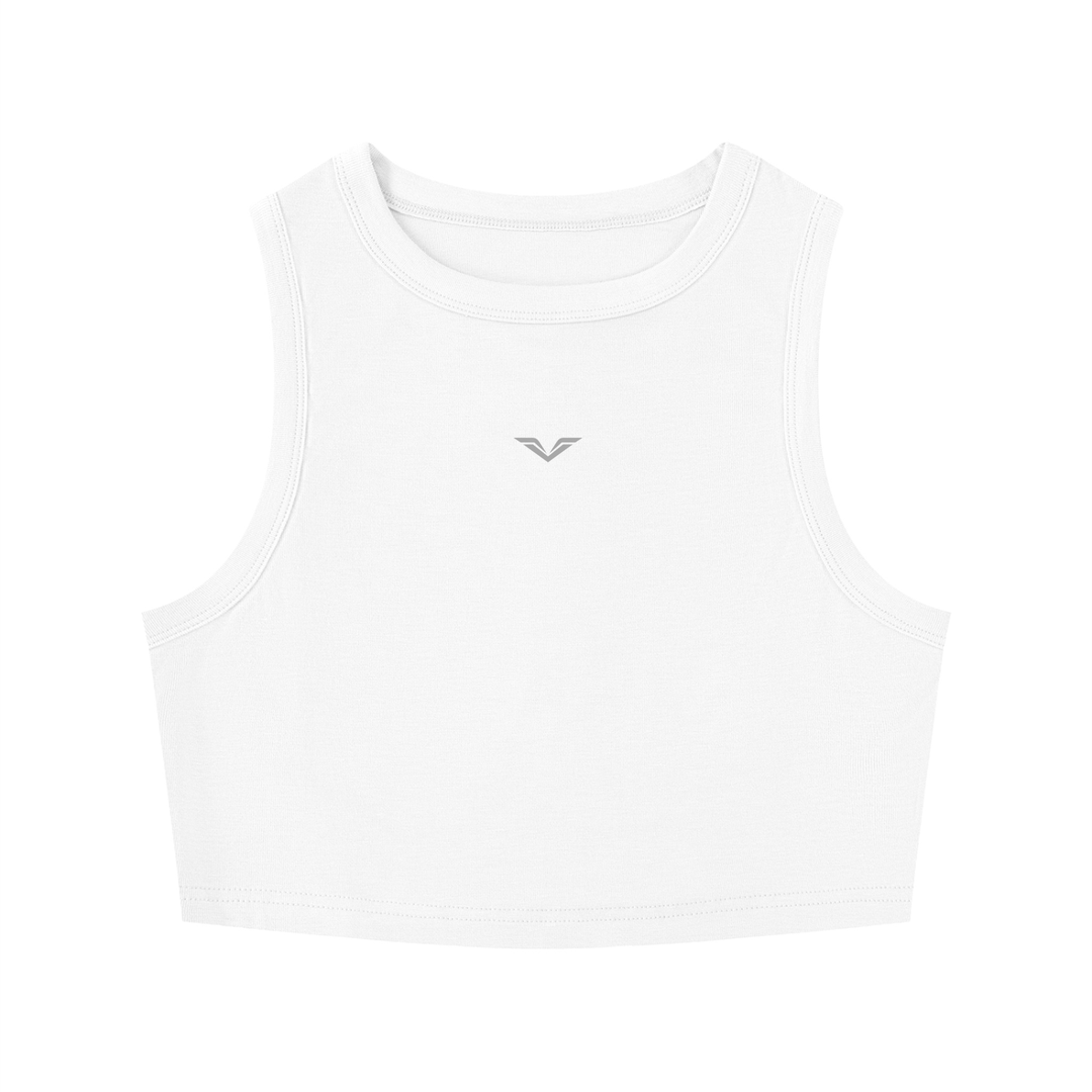 Wing Logo Fitted Crewneck Crop Tank in White, flat lay.