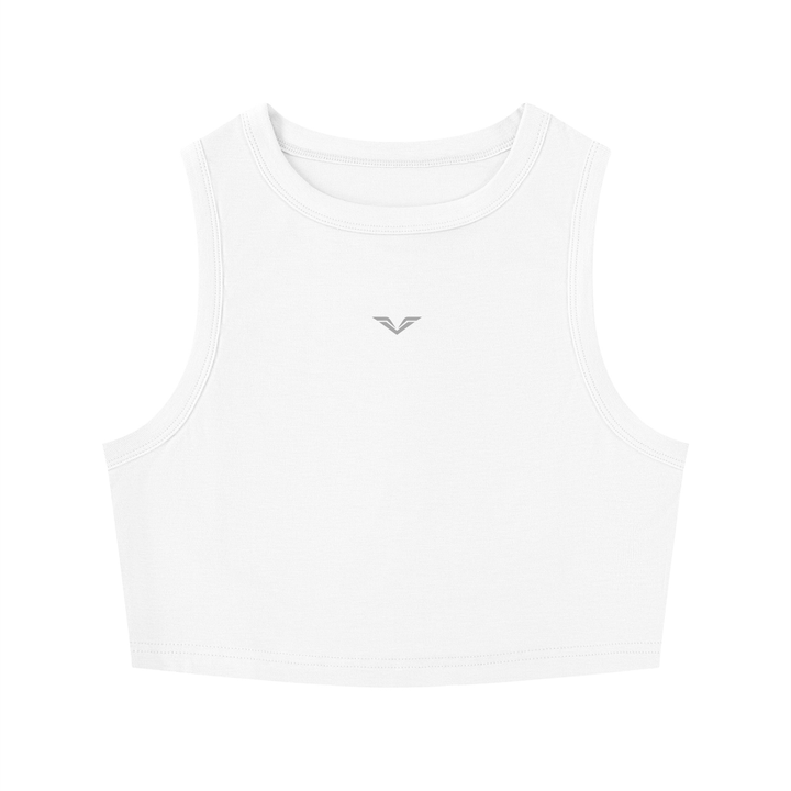 Wing Logo Fitted Crewneck Crop Tank in White, flat lay.
