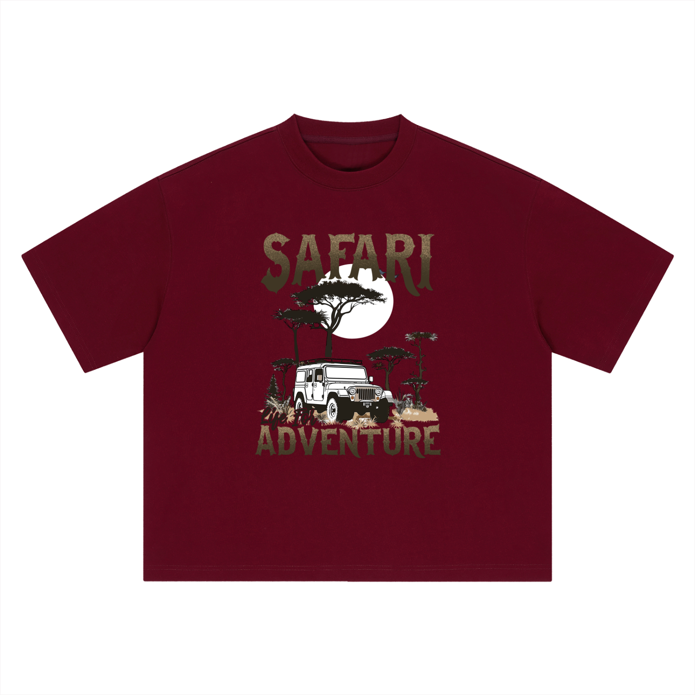 Safari Life For Adventure Vintage Overland Tee in Dark Red, flat lay.