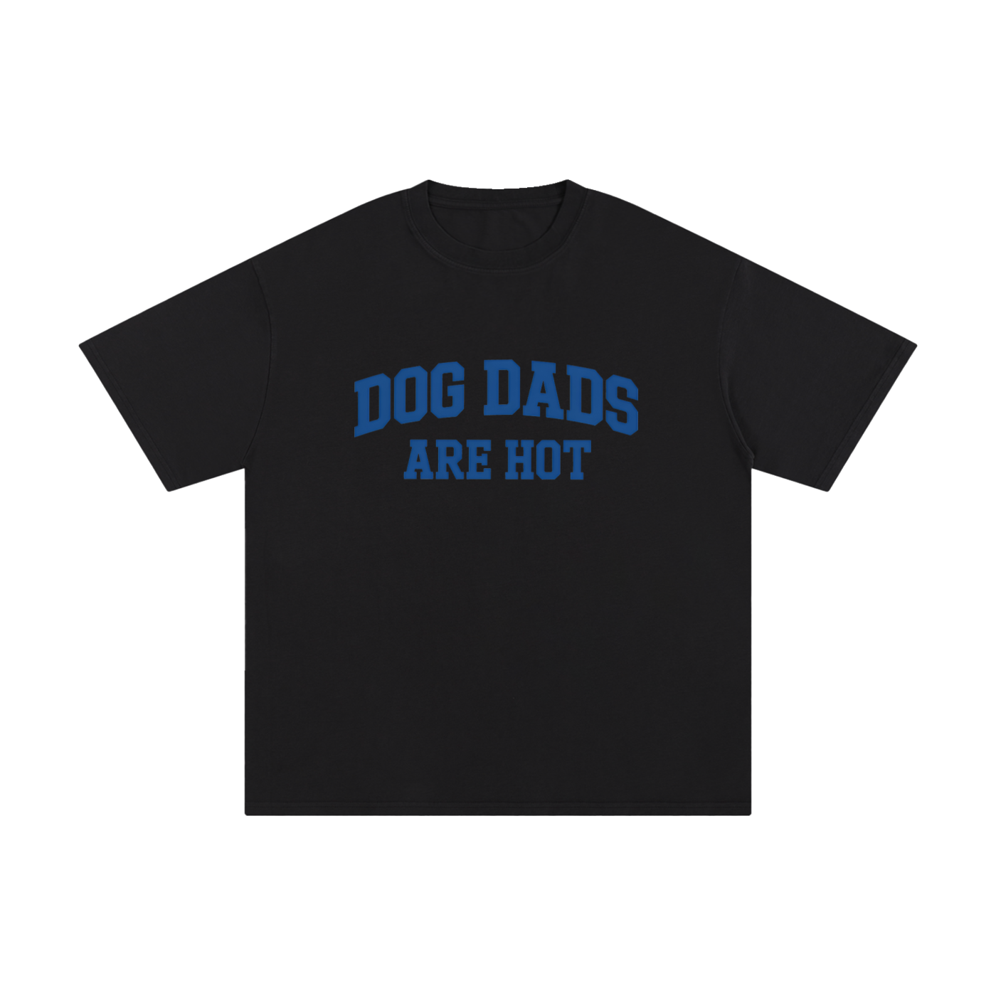 Dog Dads Are Hot Varsity Type Cotton Tee in Black, flat lay.