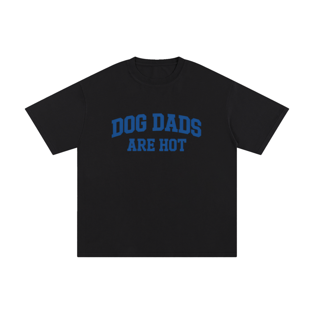 Dog Dads Are Hot Varsity Type Cotton Tee in Black, flat lay.
