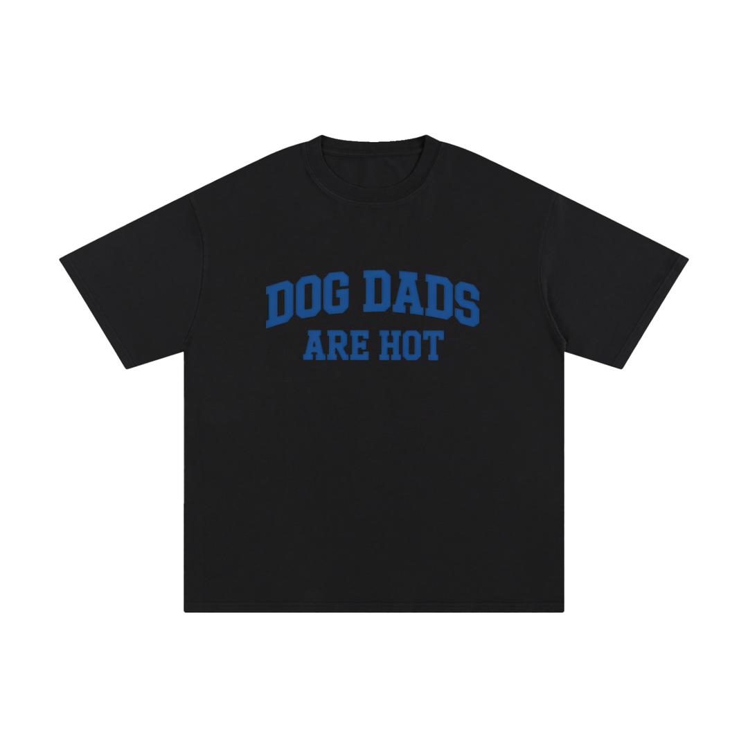 Dog Dads Are Hot Varsity Type Cotton Tee in Black, flat lay.
