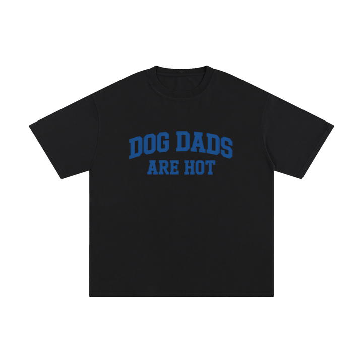 Dog Dads Are Hot Varsity Type Cotton Tee in Black, flat lay.