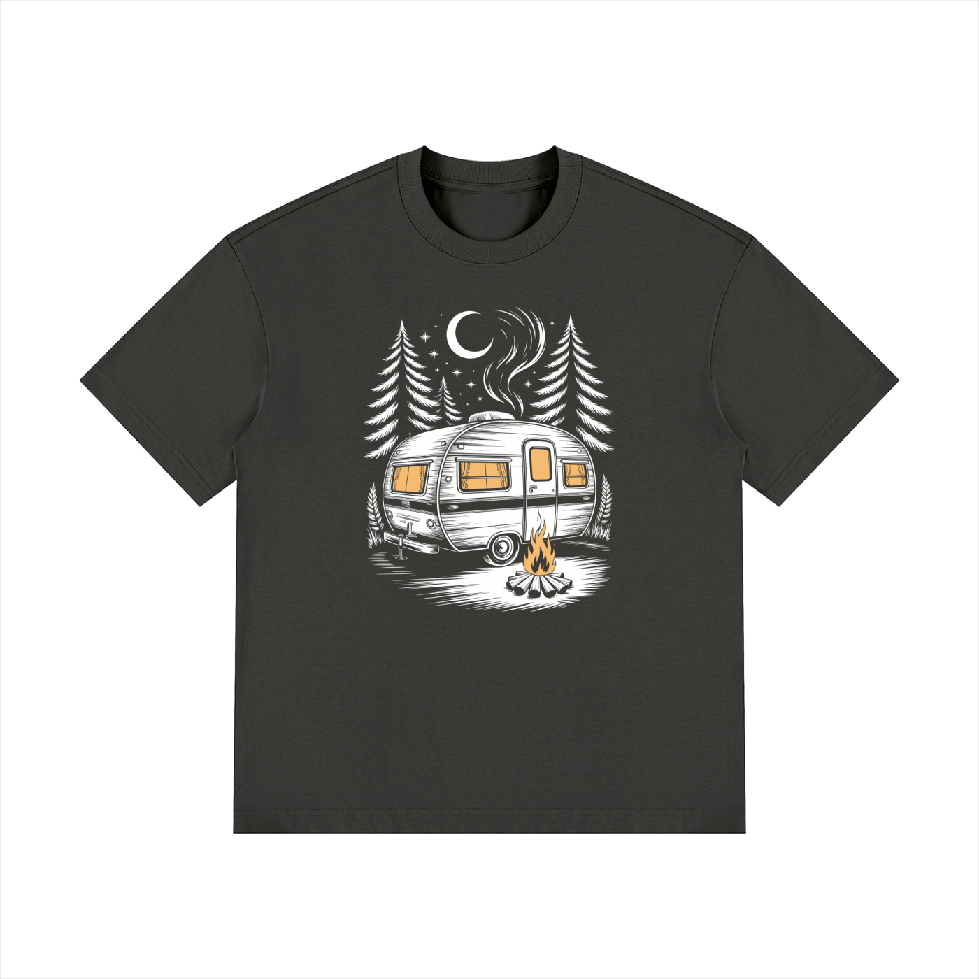 Night Camp Caravan Illustrated Cotton Tee in Dark Gray, flat lay.