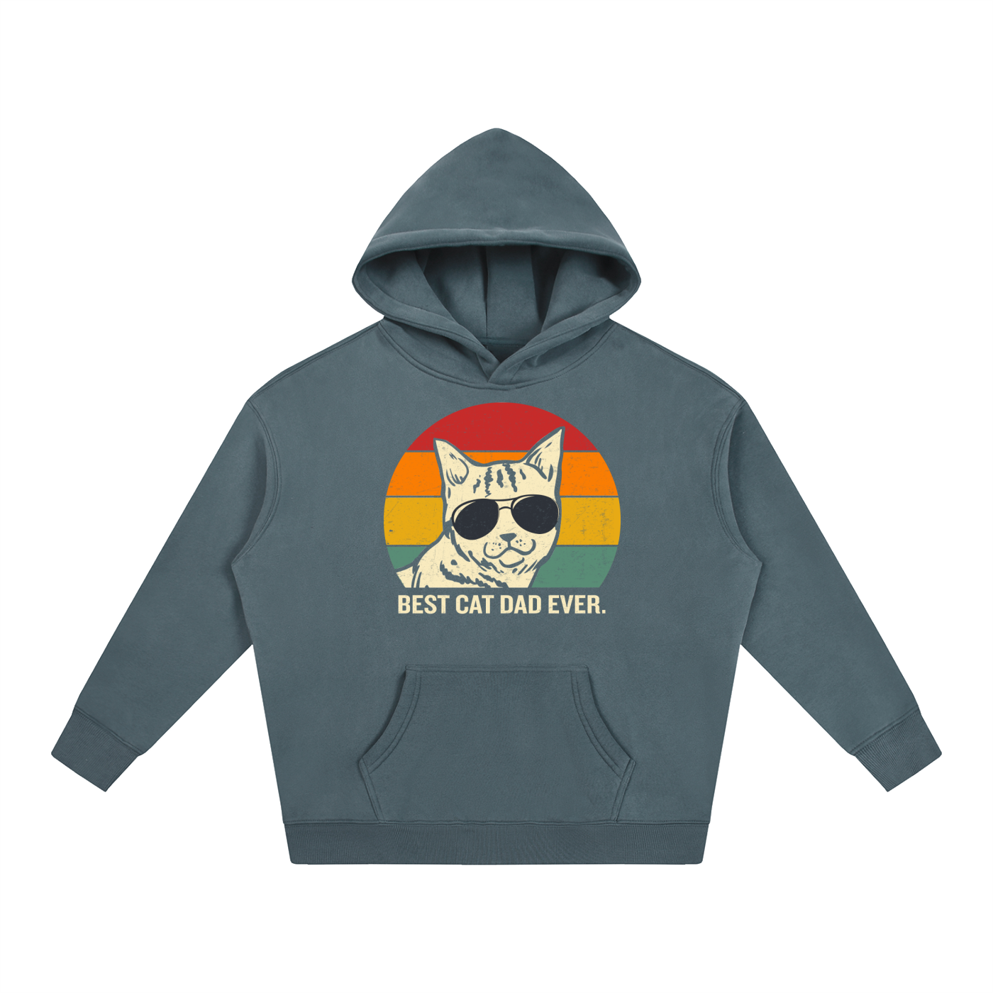 Best Cat Dad Ever Retro Sunset Hoodie in Gray Blue, flat lay.
