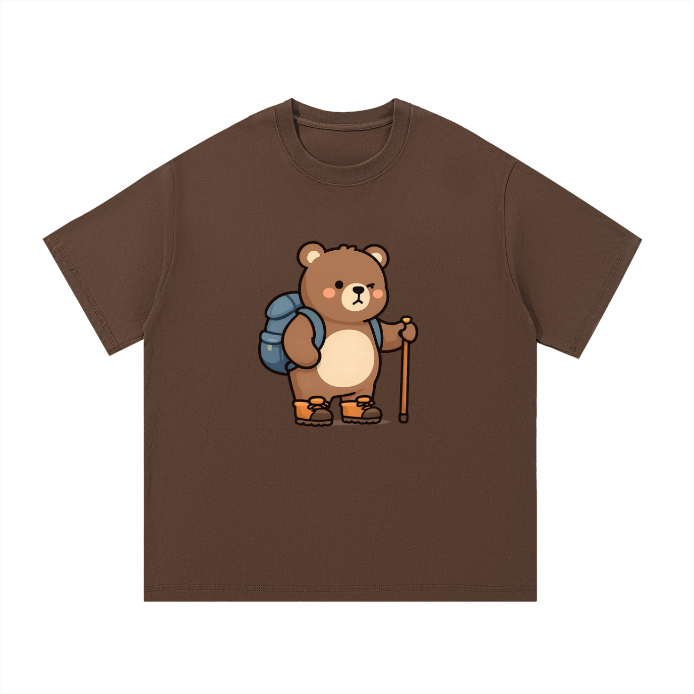Cute Hiking Bear Illustrated Cotton Tee in Coffee, flat lay.