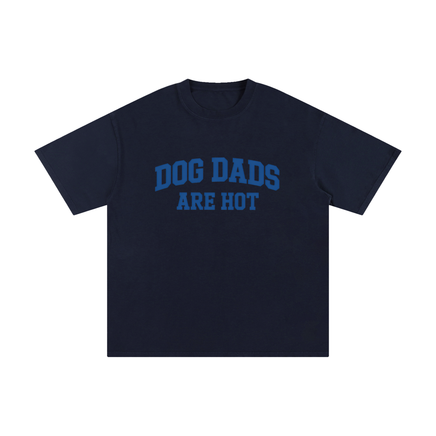 Dog Dads Are Hot Varsity Type Cotton Tee in Navy Blue, flat lay.