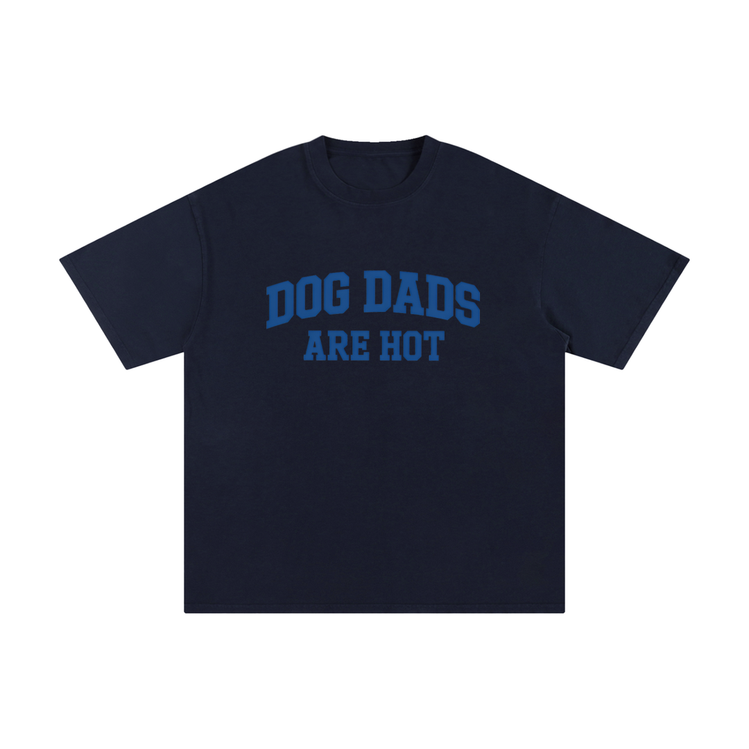 Dog Dads Are Hot Varsity Type Cotton Tee in Navy Blue, flat lay.