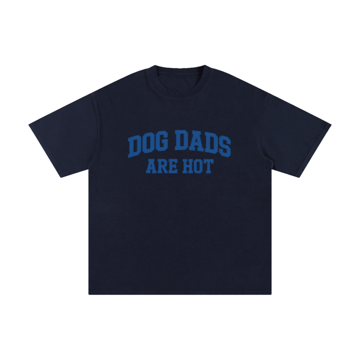Dog Dads Are Hot Varsity Type Cotton Tee in Navy Blue, flat lay.