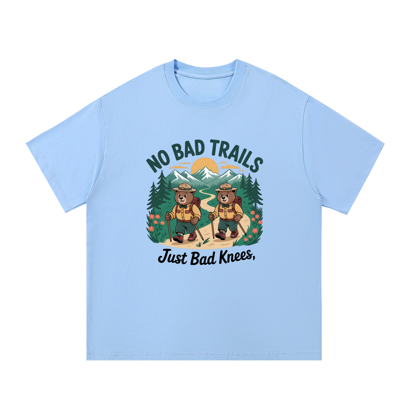 No Bad Trails Just Bad Knees Ranger Bear Tee in Blue, flat lay.