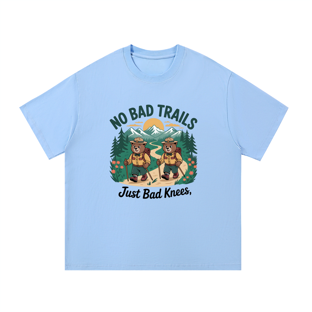 No Bad Trails Just Bad Knees Ranger Bear Tee in Blue, flat lay.