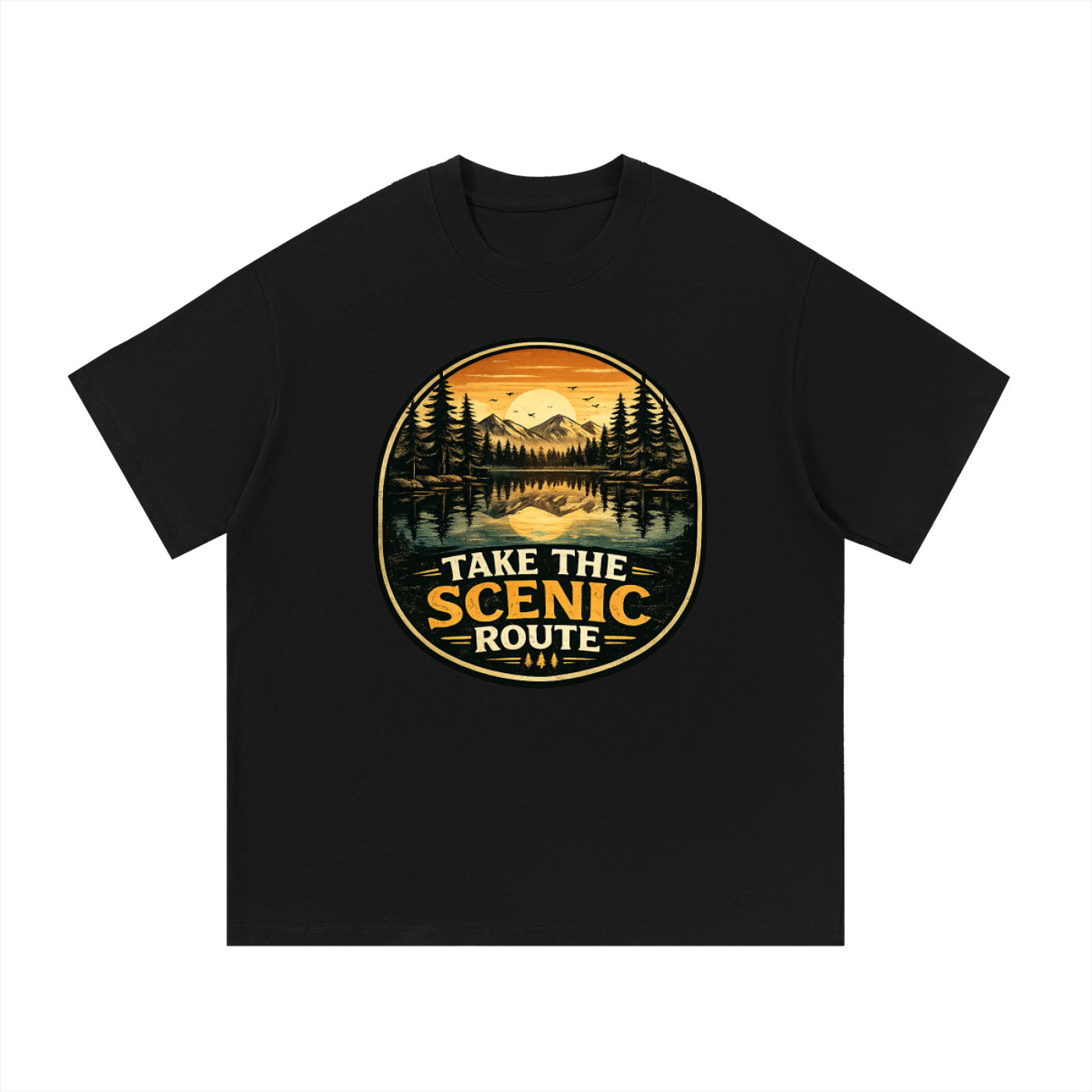 Take The Scenic Route Vintage Lake Badge Tee in Black, flat lay.