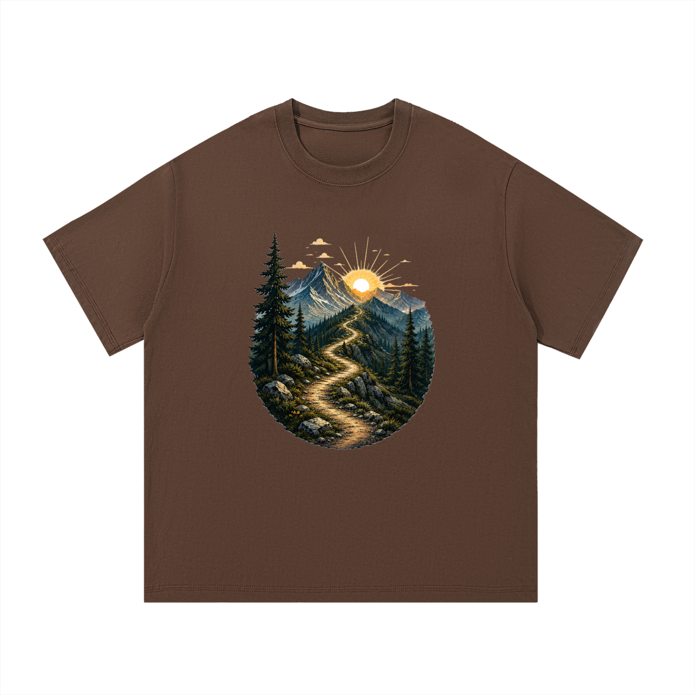 Mountain Trail Sunrise Illustrated Cotton Tee in Coffee, flat lay.