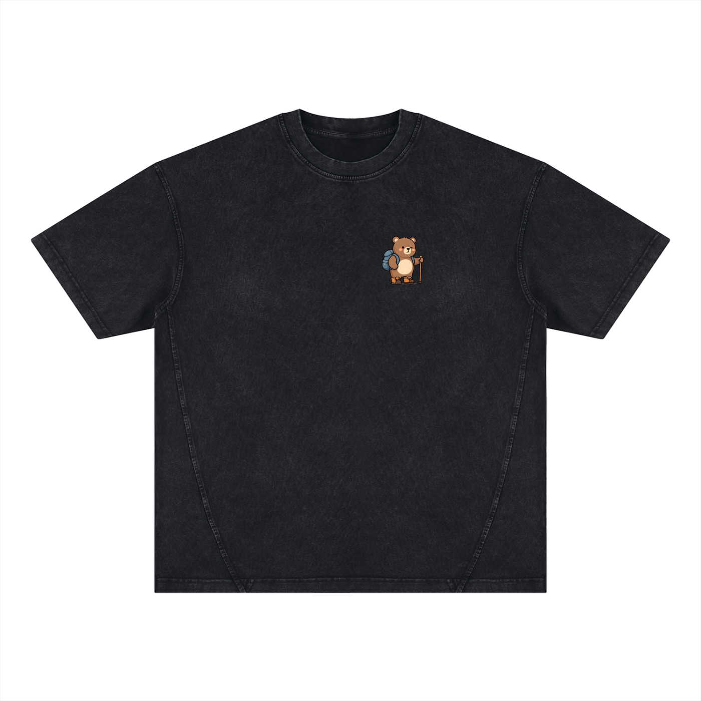 Hiking Bear Left-Chest Vintage Wash Tee in Black, flat lay.