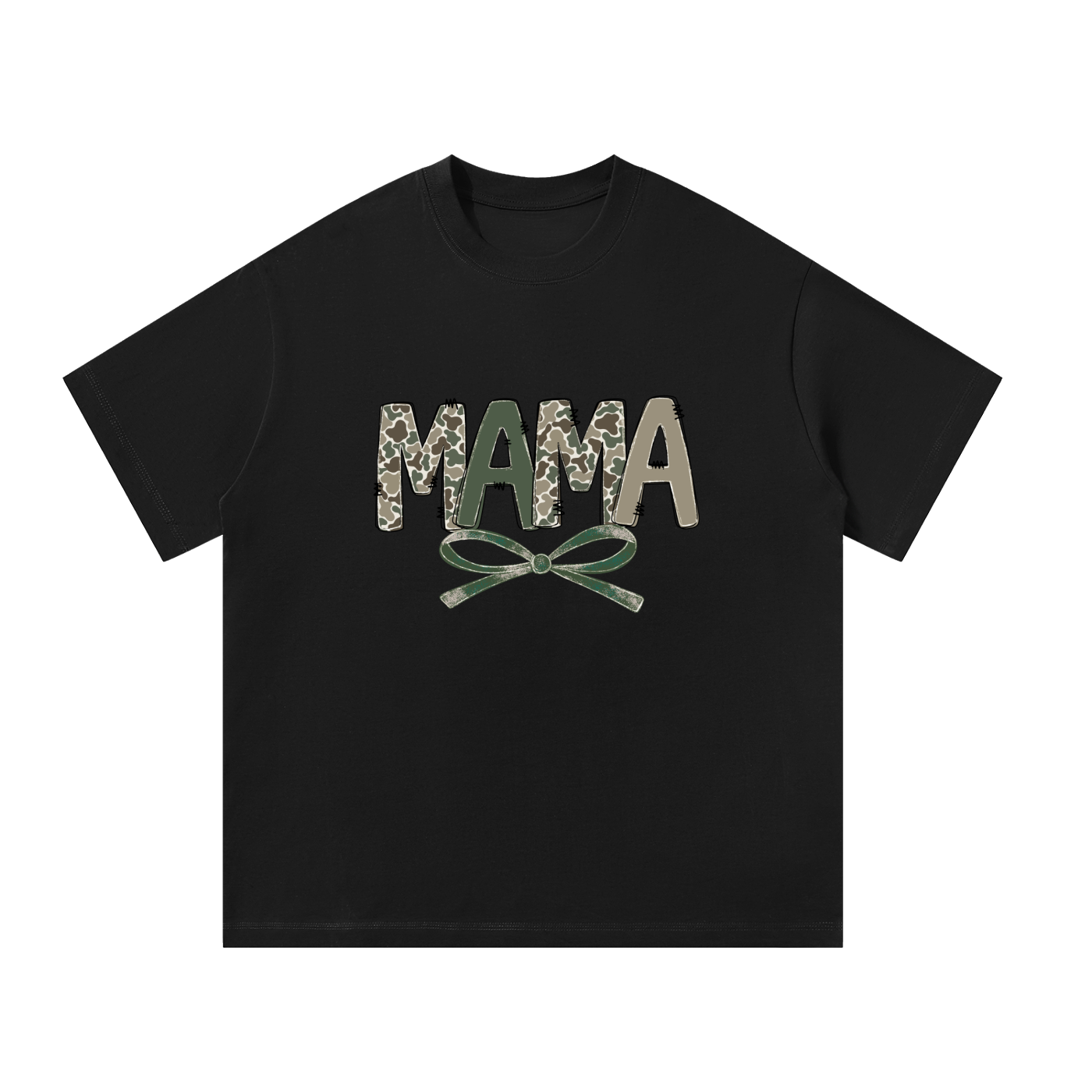 Mama Camo Letter Bow Faux Embroidery Tee in Black, flat lay.