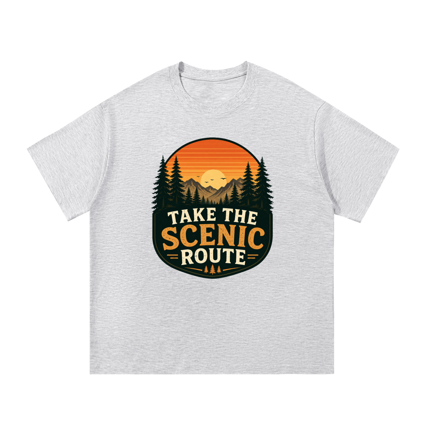 Take The Scenic Route Retro Sunset Badge Tee in White Gray, flat lay.