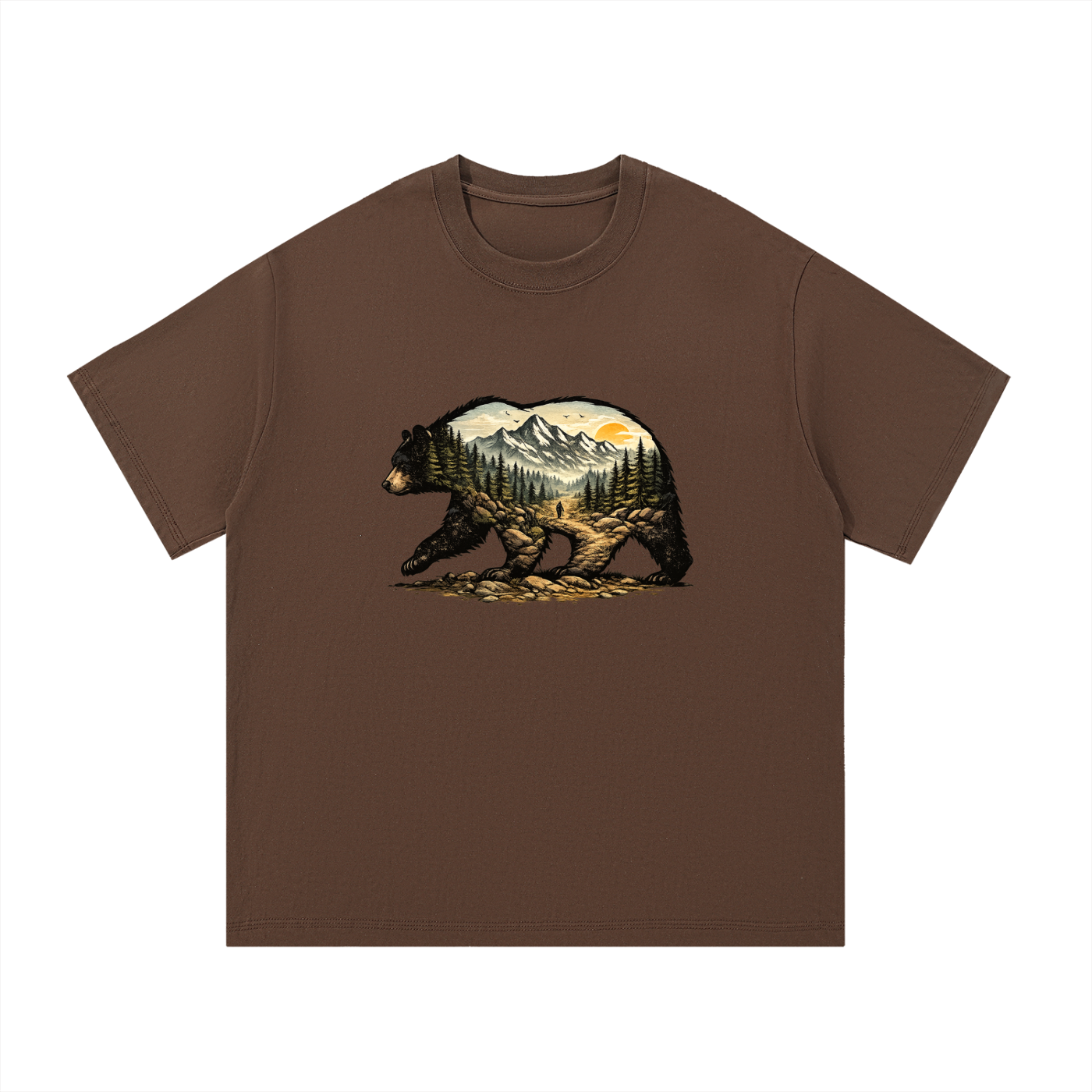 Bear Double Exposure Mountain Landscape Tee in Coffee, flat lay.