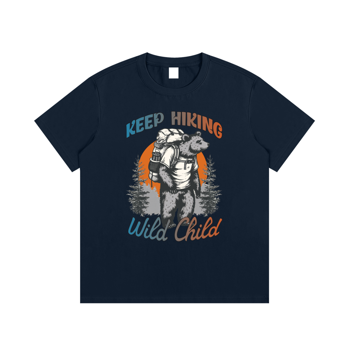 Keep Hiking Wild Child Backpacking Bear Tee in Royal Blue, flat lay.