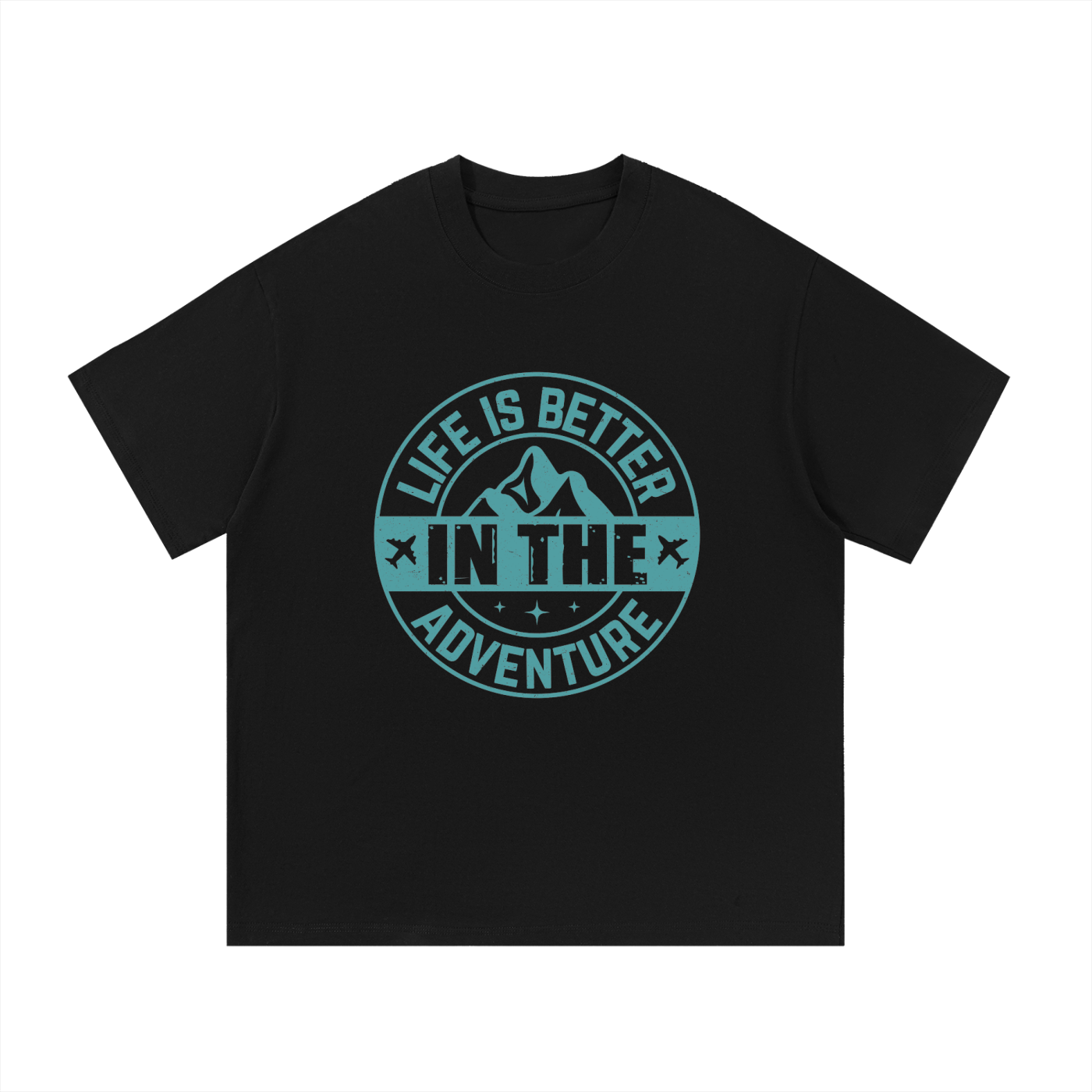 Life Is Better In The Adventure Mountain Badge Tee in Black, flat lay.