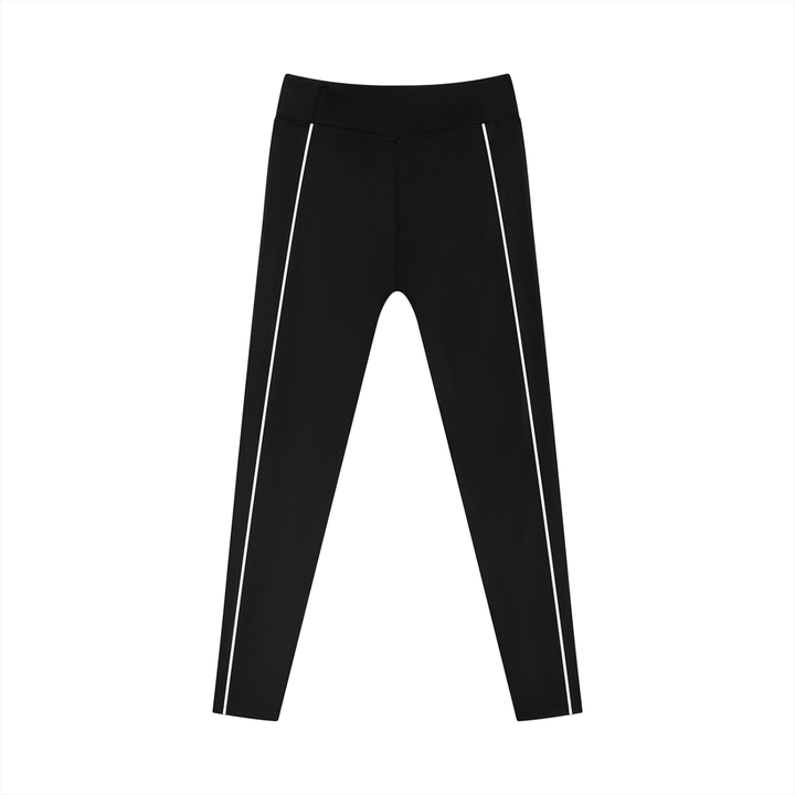 Wing Logo Contrast Piping High-Waist Leggings in Black, back view.