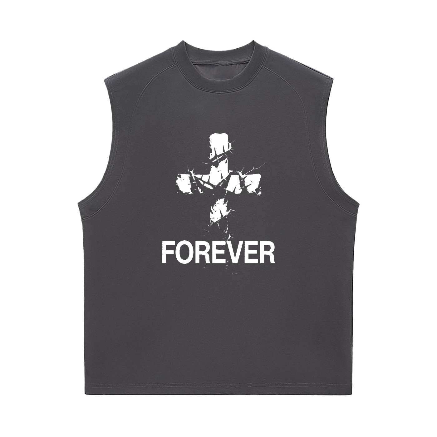 Forever Cross Graphic Training Tank in Dark Gray, flat lay.