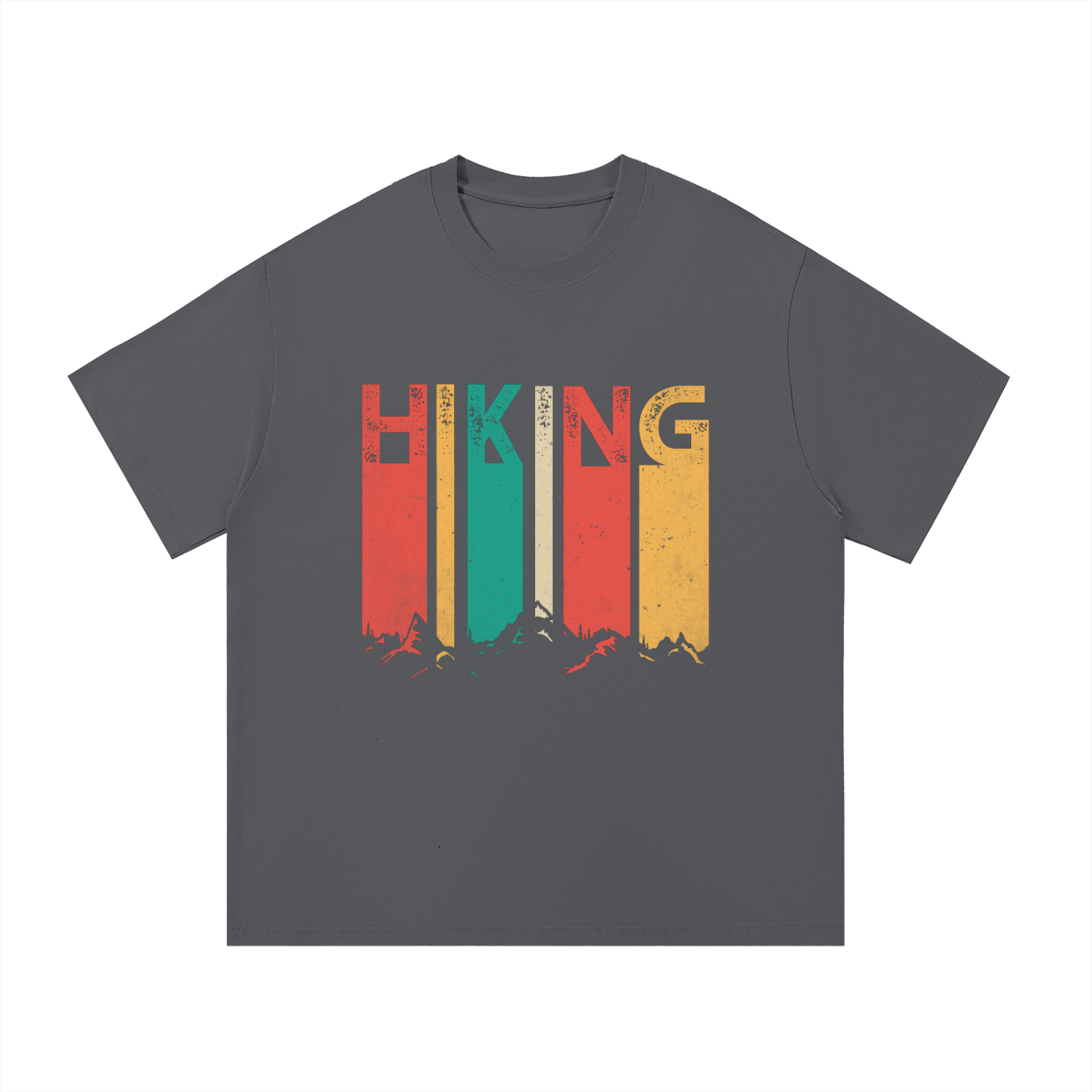 Hiking Retro Vintage Stripe Typography Tee in Dark Gray, flat lay.