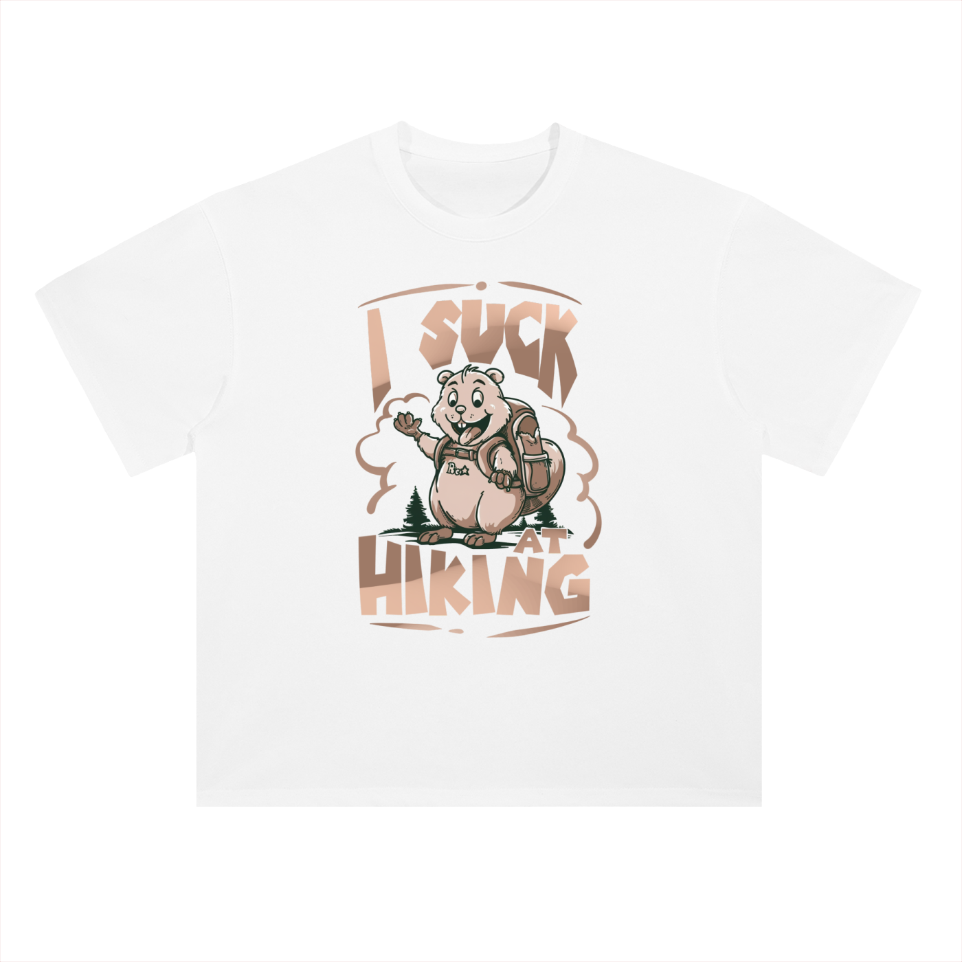 I Suck At Hiking Funny Cartoon Bear Tee in Lucent White, flat lay.