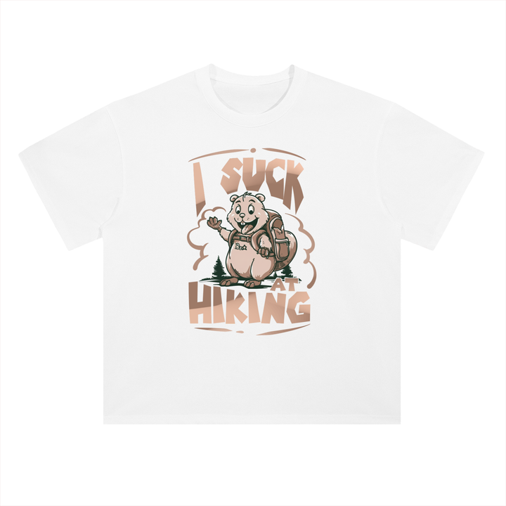 I Suck At Hiking Funny Cartoon Bear Tee in Lucent White, flat lay.