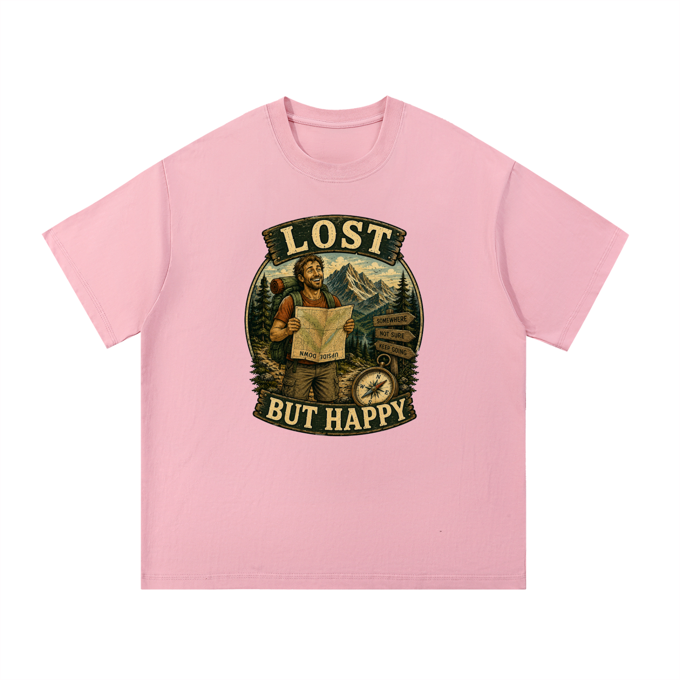 Lost But Happy Vintage Hiker Illustration Tee in Pink, flat lay.
