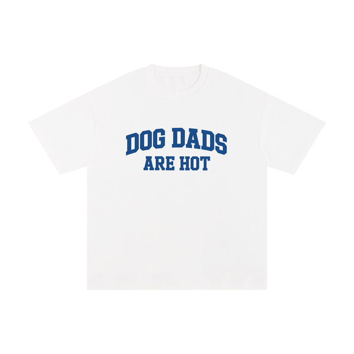 Dog Dads Are Hot Varsity Type Cotton Tee in White, flat lay.