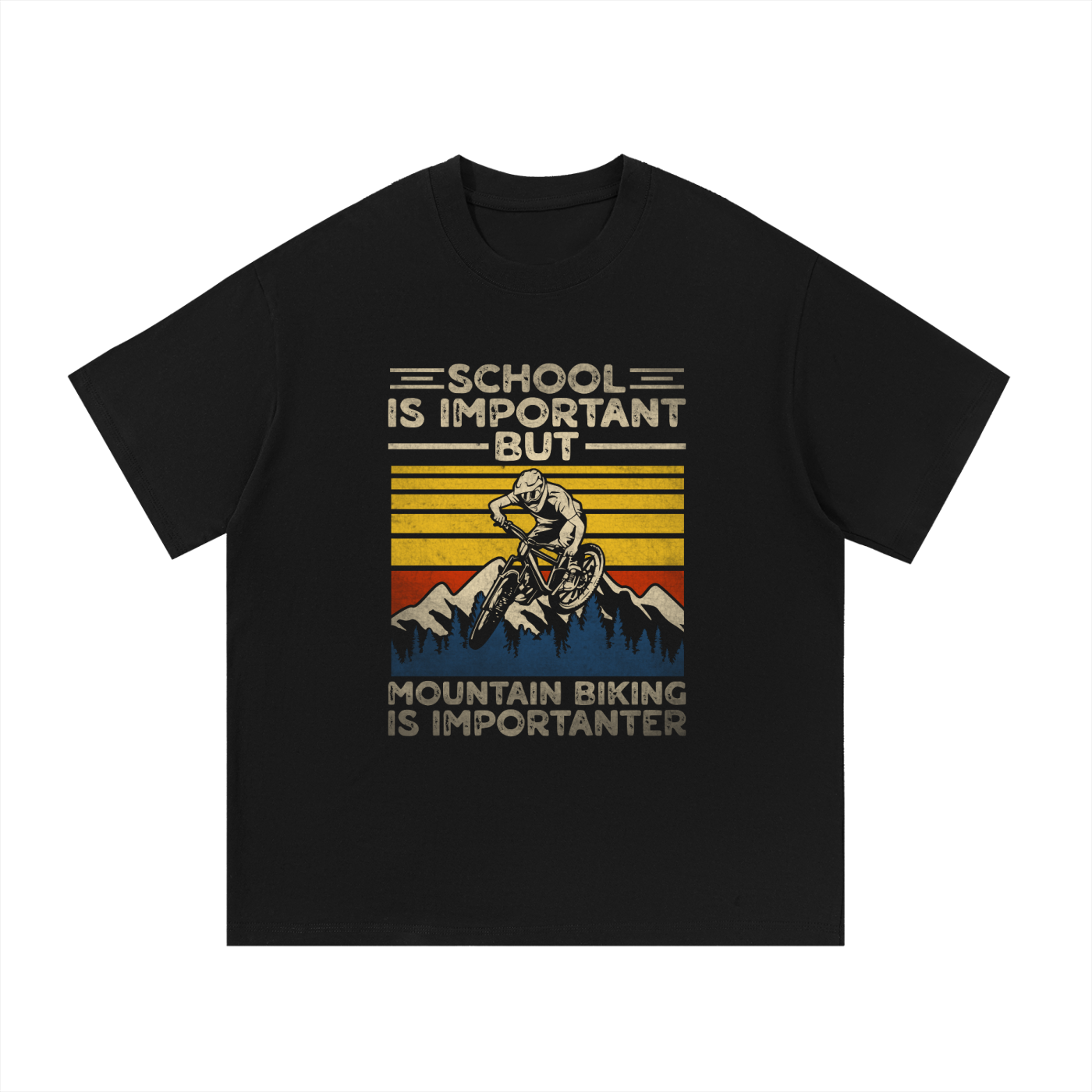 Mountain Biking Is Importanter Funny Tee in Black, flat lay.