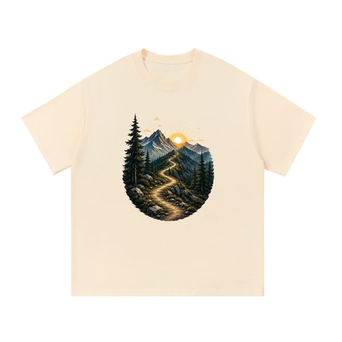 Mountain Trail Sunrise Illustrated Cotton Tee in Apricot, flat lay.