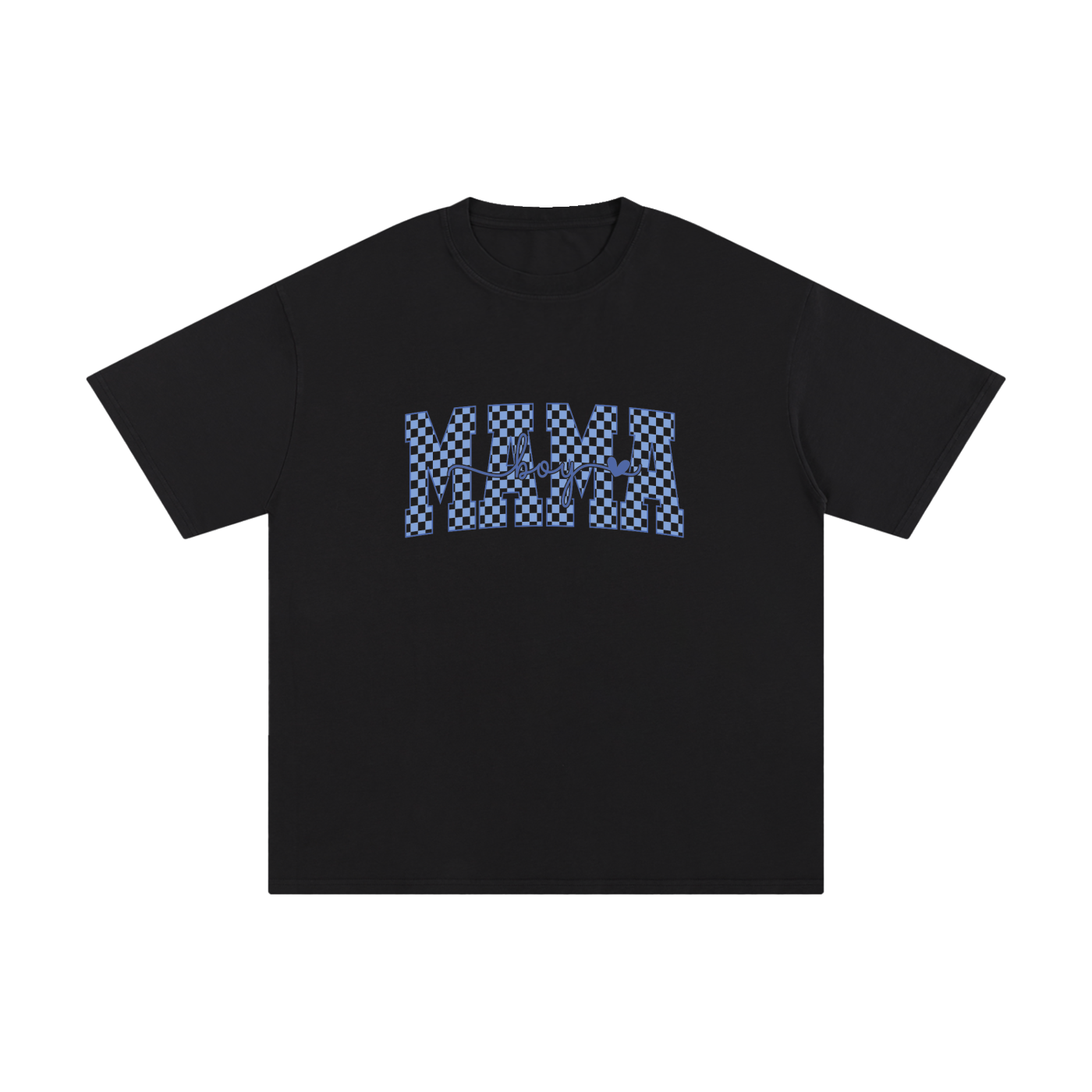 Mama Checkerboard Retro Typography Tee in Black, flat lay.