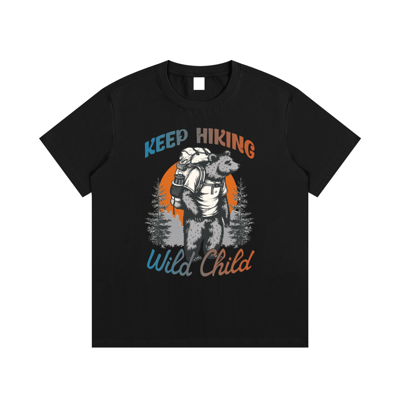 Keep Hiking Wild Child Backpacking Bear Tee in Black, flat lay.