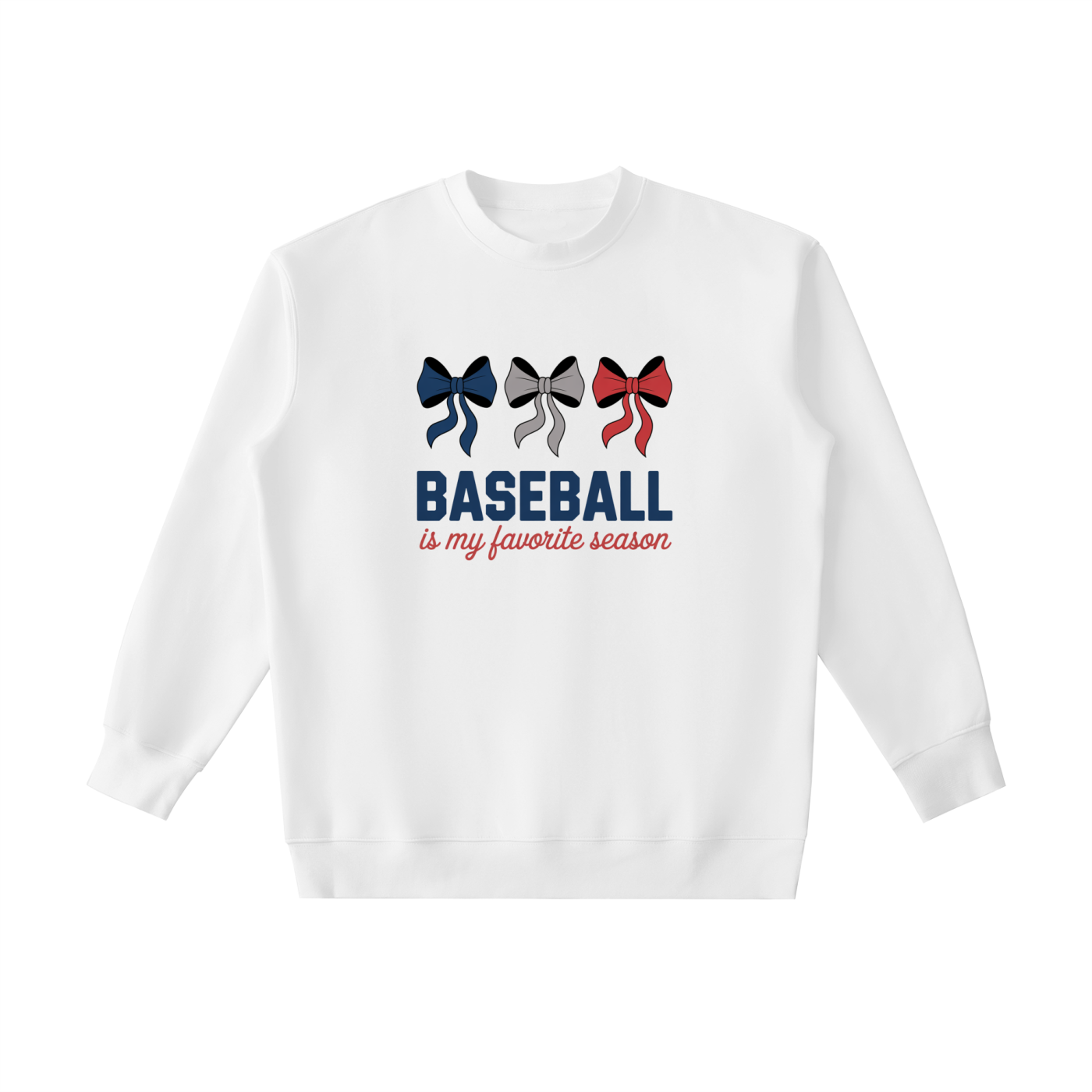 Baseball Is My Favourite Season Bow Sweatshirt in White, flat lay.