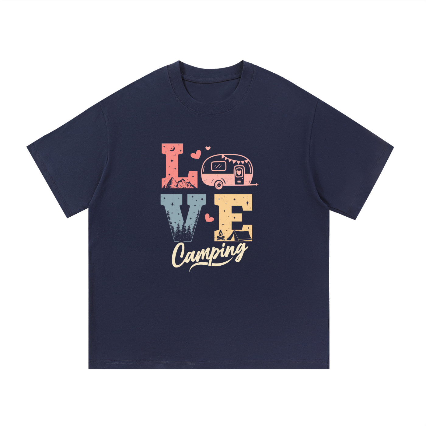 Love Camping Pastel Caravan Retro Tee in Navy Blue, flat lay.