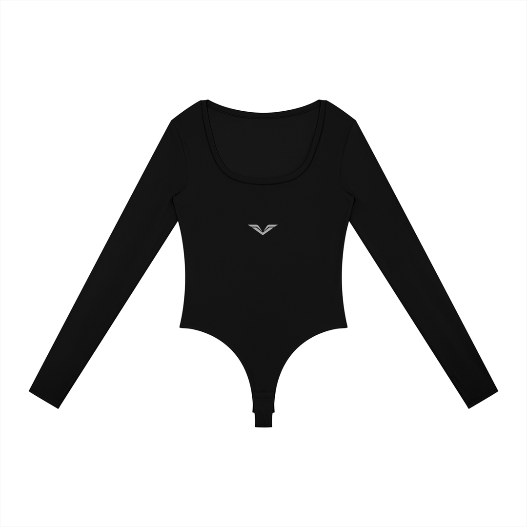 Wing Logo Long Sleeve Yoga Bodysuit in Black, flat lay.