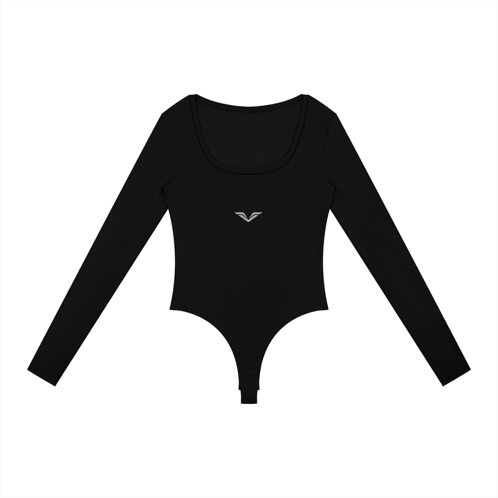 Wing Logo Long Sleeve Yoga Bodysuit in Black, flat lay.